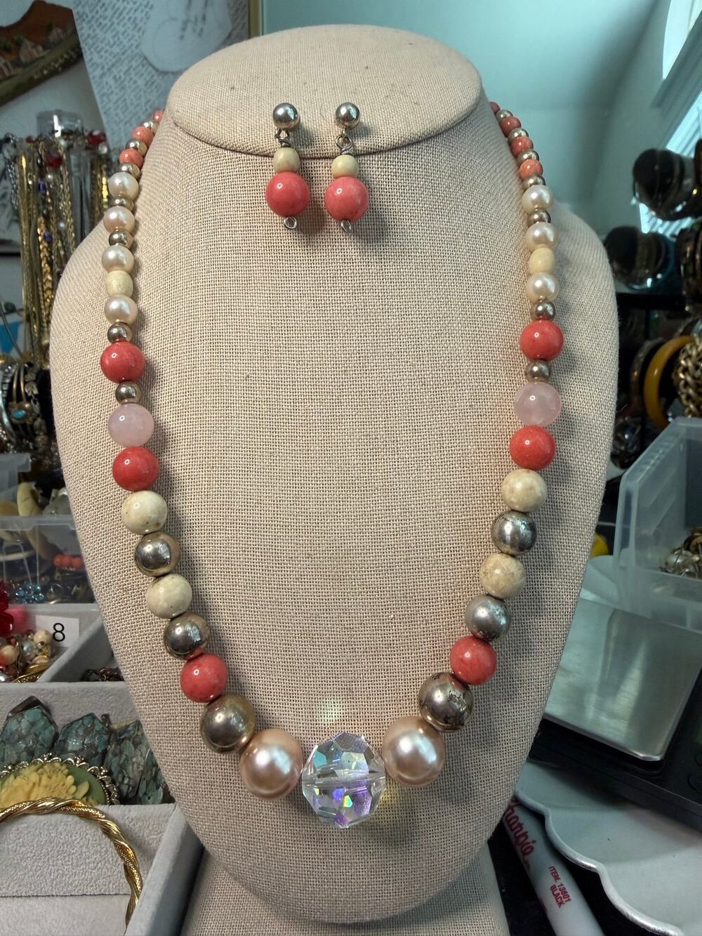 vintage jewelry set coral stone beads and sterling silver beads (AB) crystal
